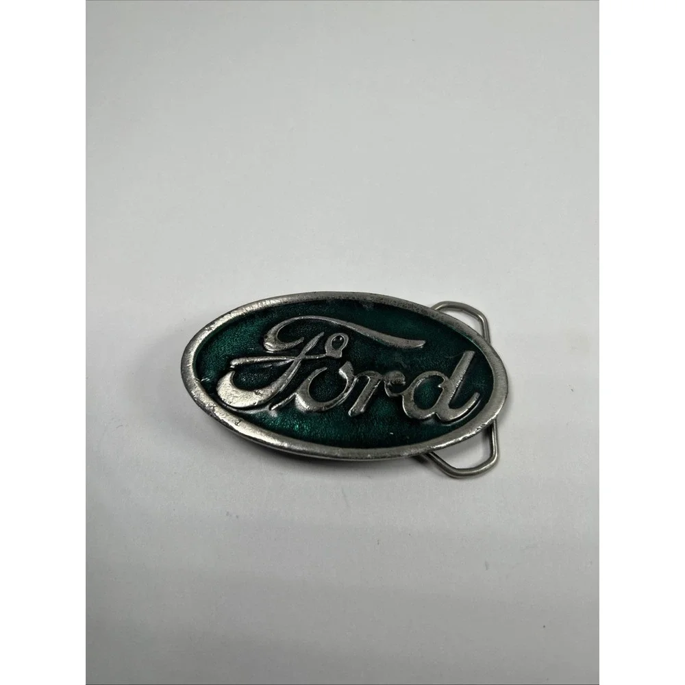 Vintage‎ FORD Green Enameled Silver Tone Belt Buckle EB82001